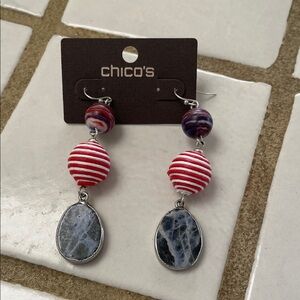 Chico’s drop earrings in silvertone with red, white, blue